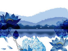 风景图，白色和蓝色背景，森林，雾，蓝色睡莲与叶子，一群鸟飞过湖