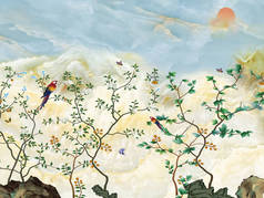 抽象大理石背景，日落，岩石，细枝的树枝与坐鹦鹉
