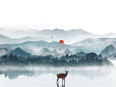 景观插图， 湖， 雾， 森林， 山， 鹿， 日出