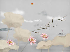 景观插图，灰色背景，云彩，太阳，粉红色的睡莲，鱼，渔夫在船上