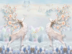 梦幻般的风景插图，五颜六色的树木，白鸟，两只大镜鹿与盛开的角
