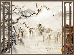 抽象插图，景观米色背景与丘陵，瀑布和开花树，棕色格栅在前景