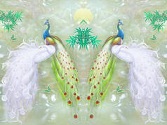 浅色大理石背景，镜面白色和五颜六色的孔雀，绿色竹子和蝴蝶