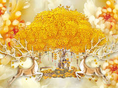 3d插图，黄橙玉，金色的东方钱树，一箱金，两只羚羊与开花的角
