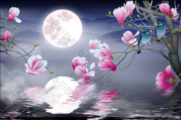 满月在夜空中, 月亮在水中的倒影, 一棵有粉红色花朵的树, 两只鸟在树枝上