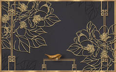 深色面料背景上的金嵌板，框架，抽象花朵和波浪形鸟的轮廓