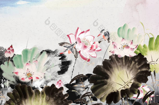 风景图，两只蜂鸟在漆成粉红色的花朵和深绿色叶子之间飞翔