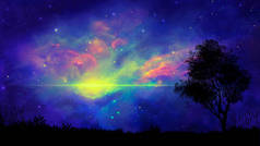 空间场景。五颜六色的星云与土地和树木剪影。埃莱姆