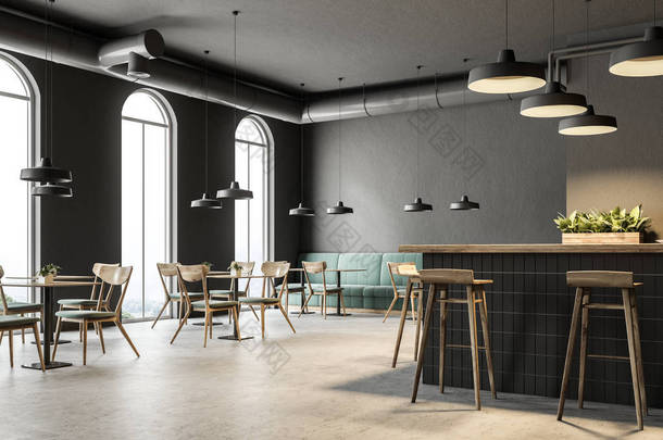 工业风格的酒吧角落里有深灰色的墙壁, 一层混凝土地板, <strong>拱形</strong>的窗户和带有椅子的木制桌子。绿色沙发。3d 渲染模拟