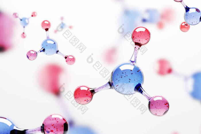 蓝色和红色分子原子网格在白色背景科学生物