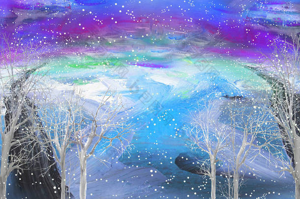 抽象雪风景与树