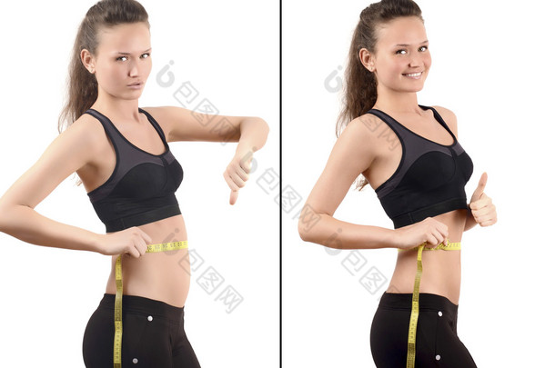 测量卷尺英寸在她腰间的女孩。之前和之后的腰训练。腹胀腹部.