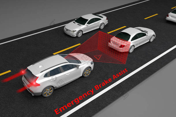 紧急制动辅助系统 (eba) 系统, 以避免车祸的概念。智能汽车技术, 3d 渲染图像.