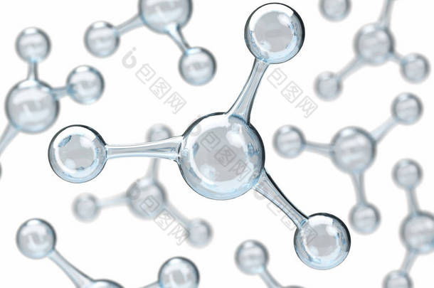 白色背景上的有光泽的分子或<strong>原子</strong>。摘要清洁水分子结构为科学或医学背景, 3d 呈现说明。结构化学式.