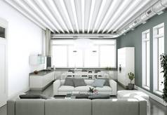 现代明亮客厅室内设计与沙发和灰色墙壁