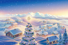 节日的冬季景观, 背景是一个村庄, 前景是装饰节日的圣诞树。它可以作为圣诞节日贺卡.