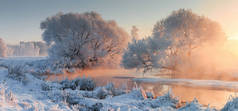 冬季景观。圣诞背景。冬日清晨, 温暖的阳光和冰冷的树木与霜.