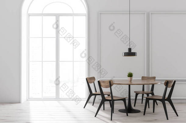 时尚的餐厅内部设有白色墙壁、木地板、圆形黑色和木制桌椅以及<strong>拱形</strong>窗户。3d 渲染