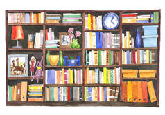 水彩插图。现代图书馆室与大量的彩色书