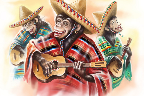 在墨西哥的<strong>传统服饰</strong>，弹吉他的搞笑猴子。三重奏.