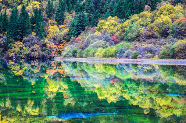 在碧蓝的湖水中的秋天颜色反射。