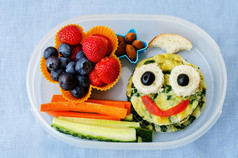 食物的鬼脸形式与孩子的学校午餐盒