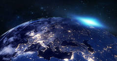 从空间在黑暗的夜晚，全球世界与蓝色发光边缘和太阳轻日出，由美国国家航空航天局提供的这张图片的一些元素显示欧洲大陆的蓝色行星地球