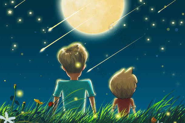 父亲和儿子在大月亮与流星划过天空美丽的夜晚