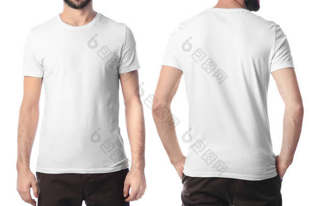 在白色背景时尚 t恤衫的年轻人正面和背面的看法。设计样机