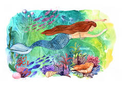手绘美丽的插图水彩美人鱼