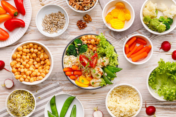 佛碗, 健康均衡的素食餐, 新鲜的沙拉配有各种蔬菜, 健康的饮食理念。顶部视图