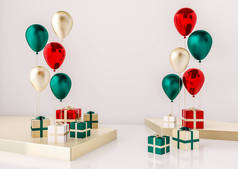 红色、绿色和金色气球的组成与礼品盒在白色背景下分离