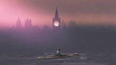 男孩划船在海和薄雾与古城堡在背景, 数字艺术样式, 例证绘画