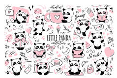 小熊猫- -大山猫的集合。一组与可爱的熊猫角色一起做各种活动的插图- -抱着一杯咖啡、睡觉、做瑜伽、乘气球飞行、吃西瓜.