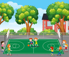 孩子们打篮球场景插图