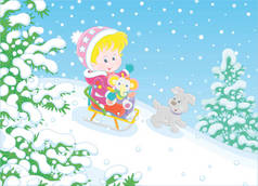 在寒假的一个美丽寒冷的日子里，快乐的小女孩和她的快乐的小狗欢快地滑行在雪地公园的一个操场上