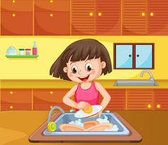 厨房插图的女孩清洁碟