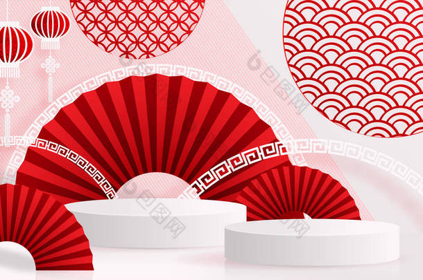中秋节、中秋节、红剪纸、花卉及亚洲元素，背景为工艺风格.