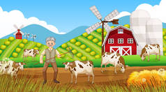 农场在白天的场景与老农和农场动物的插图