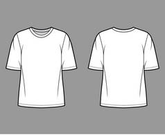 棉衣T恤衫技术时尚插图与船员领口，肘袖，超大尺寸，外衣长度。扁平