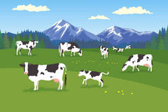 风景与森林, 草甸, 山和草本牛在各种各样的姿势 (水平风景与蓝色, 绿色美丽的自然风景宁静地放牧牛)