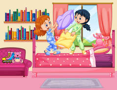 两个女孩枕头战斗在卧室里