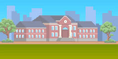 8bit像素的艺术学校大楼，前面是绿色草坪。电子游戏设置的校园背景