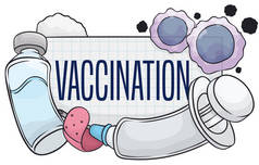 有方形标志的横幅，用于促进疫苗接种和进行疫苗接种的要素：注射器、疫苗瓶、圆形药膏、棉垫和淋巴细胞.
