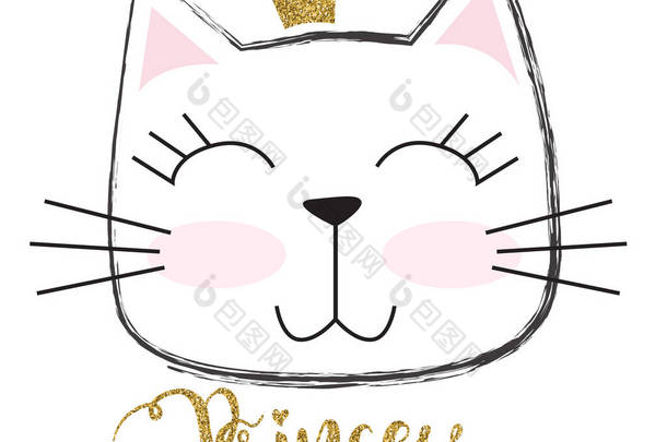 可爱的公主猫,头戴闪闪发光的皇冠.印刷、婴儿用品、 T恤衫、童装或包装纸.有创意的女孩原创设计