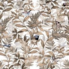 叶片、枝条和鸟类呈载体的无缝花图案。鸟类的无缝白色背景