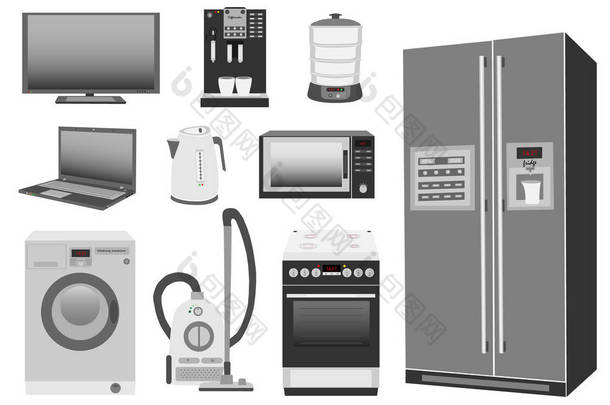 家电套装: 厨房炉灶、冰箱、微波炉、洗衣机、吸尘器、电热水壶、蒸笼、咖啡机、电视、笔记本电脑