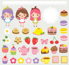 由女孩、糖果、蛋糕、茶杯和花边饰品组成的精美食物小团体