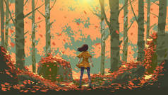 站在秋天森林里的小女孩，图解 