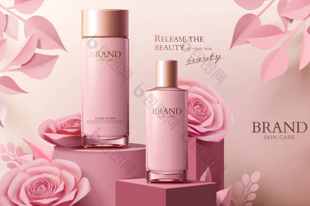 护肤品喷雾瓶广告与粉红色的纸花列在3d 插图